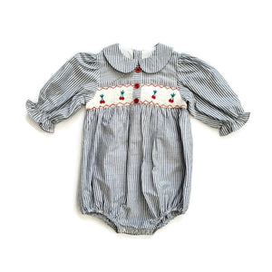 Girls Smock Stripe & Embroidery Romper- Navy - Tippy Tot Shoes